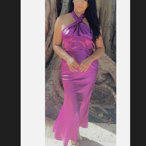 Boohoo Twist Front Halter Satin Maxi Purple Dresses Size 6 - Picture 1 of 6